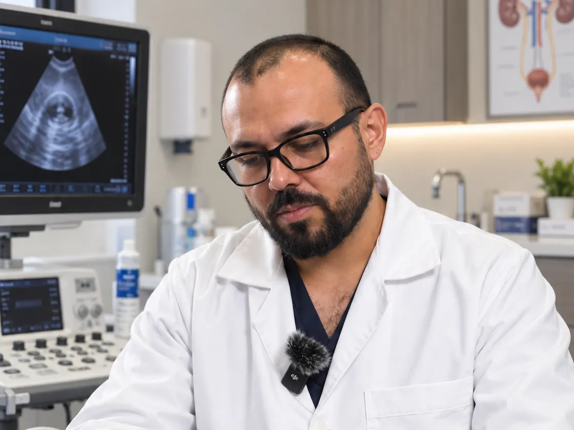 Dr. Felipe Chavira realizando estudio de ultrasonido urológico en Ciudad Juárez